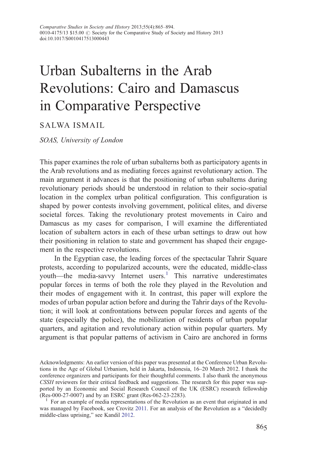 Urban Subalterns in the Arab Revolutions: Cairo and Damascus in Comparative Perspective