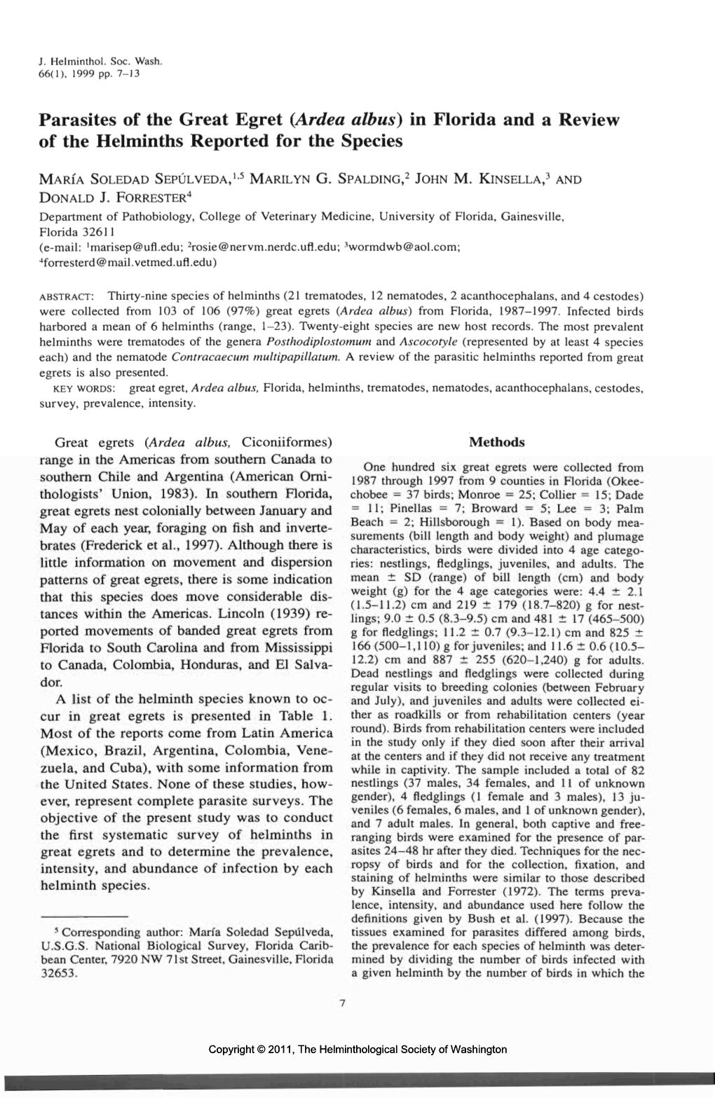 Parasites of the Great Egret (Ardea Albus} in Florida and a Review of the Helminths Reported for the Species