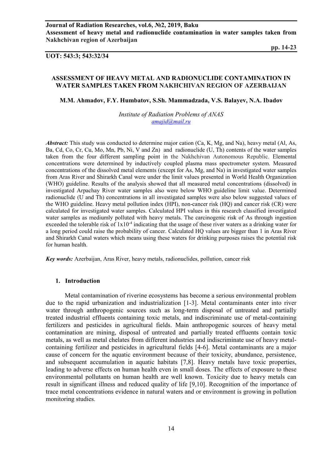 Journal of Radiation Researches, Vol.6, №2, 2019, Baku Assessment