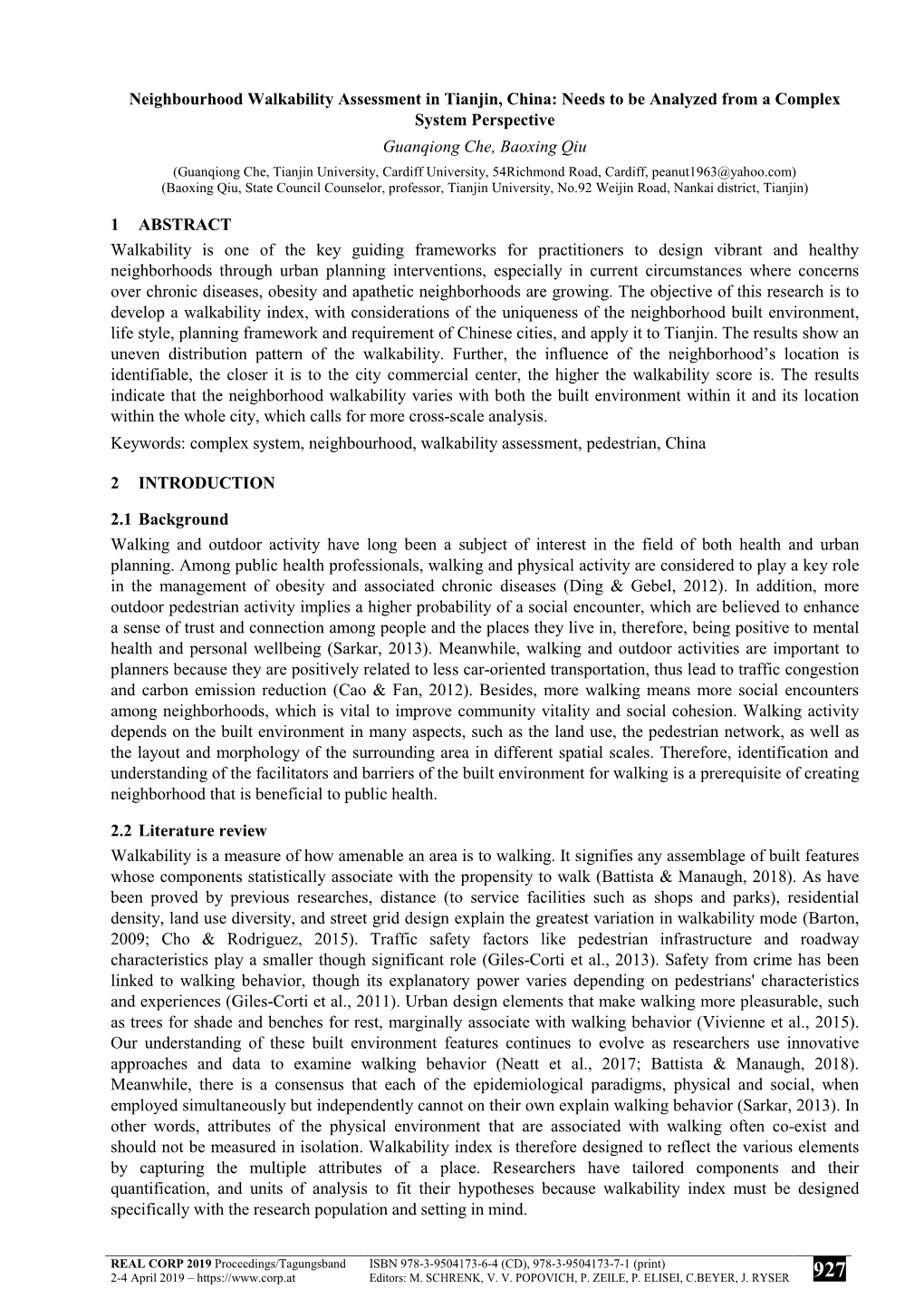 Neighbourhood Walkability Assessment in Tianjin, China