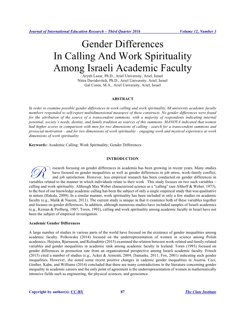 Gender Differences in Calling and Work Spirituality Among Israeli