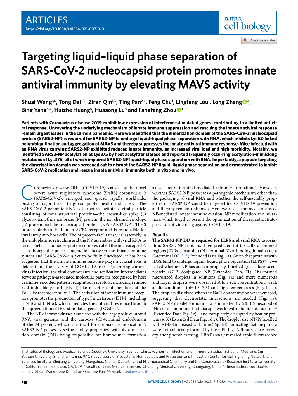 Targeting Liquid–Liquid Phase Separation of SARS-Cov-2 Nucleocapsid Protein Promotes Innate Antiviral Immunity by Elevating MAVS Activity