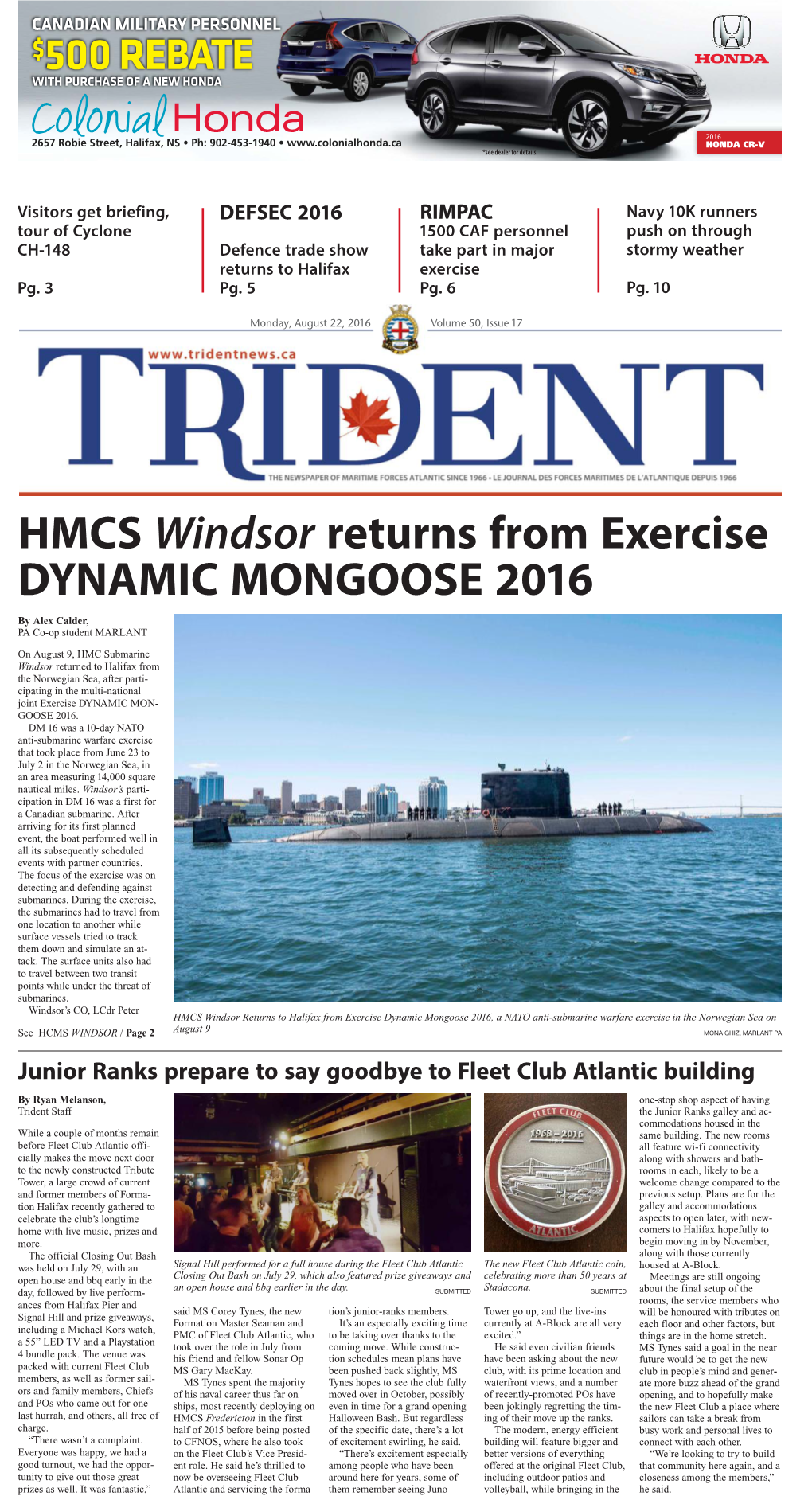 HMCS Windsor Returns from Exercise DYNAMIC MONGOOSE 2016