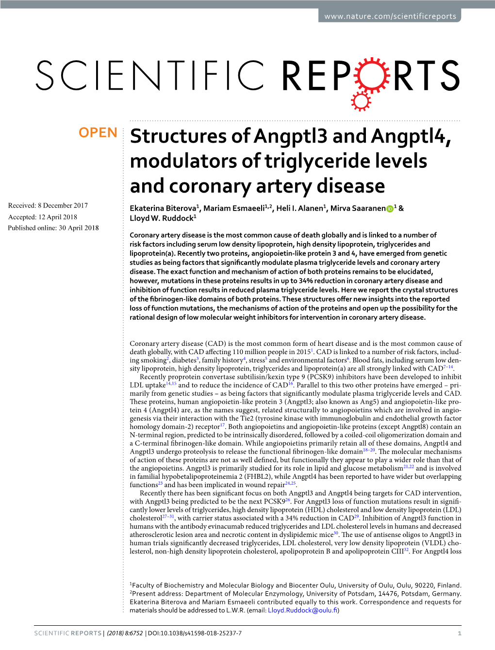 Structures of Angptl3 and Angptl4, Modulators of Triglyceride Levels