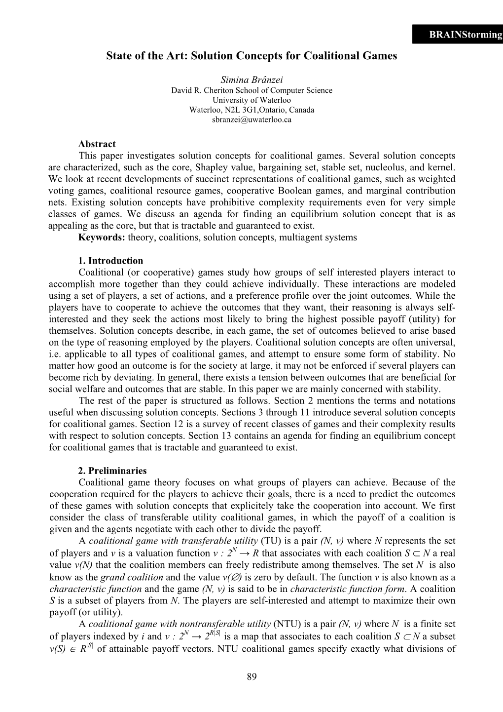 State of the Art: Solution Concepts for Coalitional Games