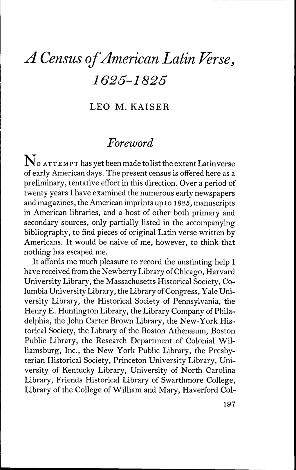 A Census of American Latin Ferse ^ 1625-1825