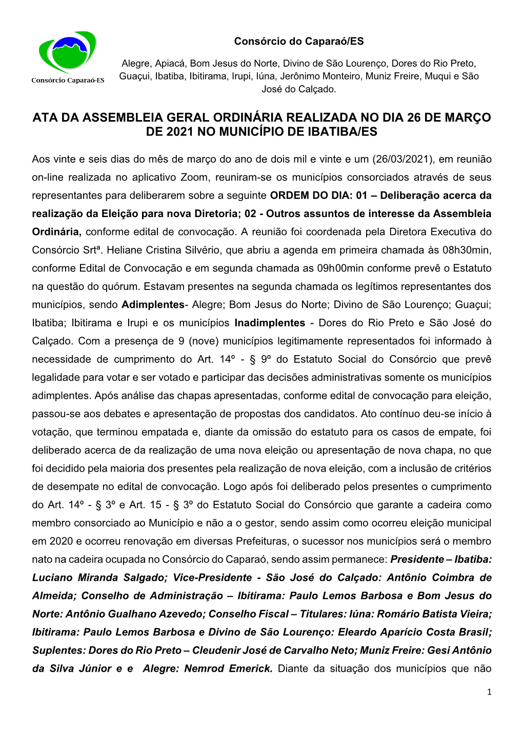 Ata Da Assembleia Geral Ordinária Realizada No Dia 26 De Março De 2021 No Município De Ibatiba/Es