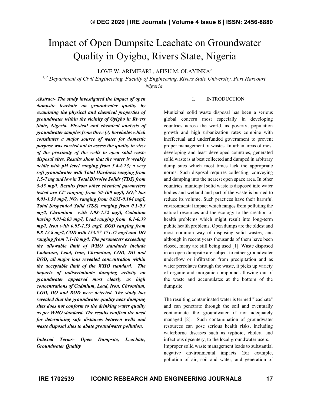 Impact of Open Dumpsite Leachate on Groundwater Quality in Oyigbo, Rivers State, Nigeria