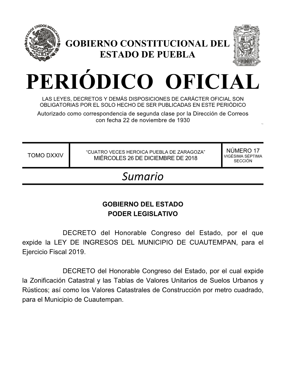 LEY DE INGRESOS DEL MUNICIPIO DE CUAUTEMPAN, Para El Ejercicio Fiscal 2019