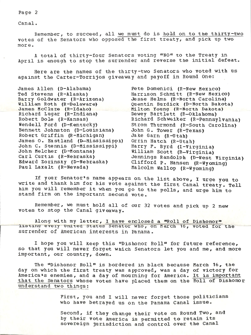 If Your Senator»S Name Appears on the List Above, I Urge You to Write and Thank Him for His Vote Against the First Canal Treaty