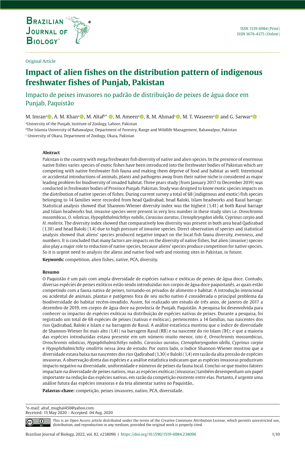 Impact of Alien Fishes on the Distribution Pattern of Indigenous Freshwater Fishes of Punjab, Pakistan