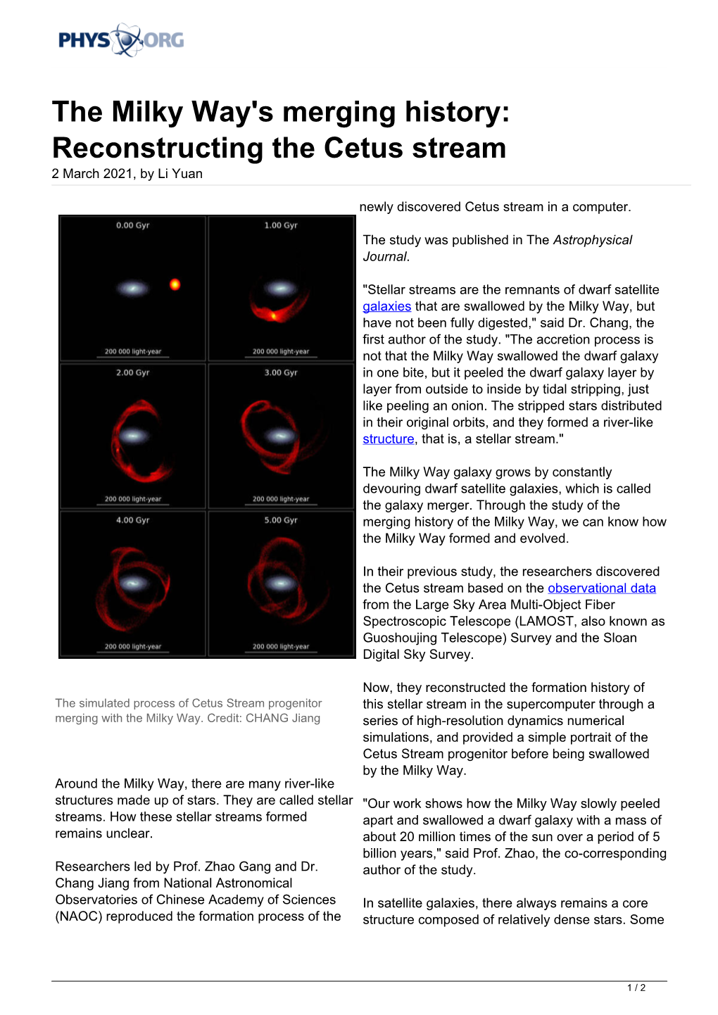 The Milky Way's Merging History: Reconstructing the Cetus Stream 2 March 2021, by Li Yuan