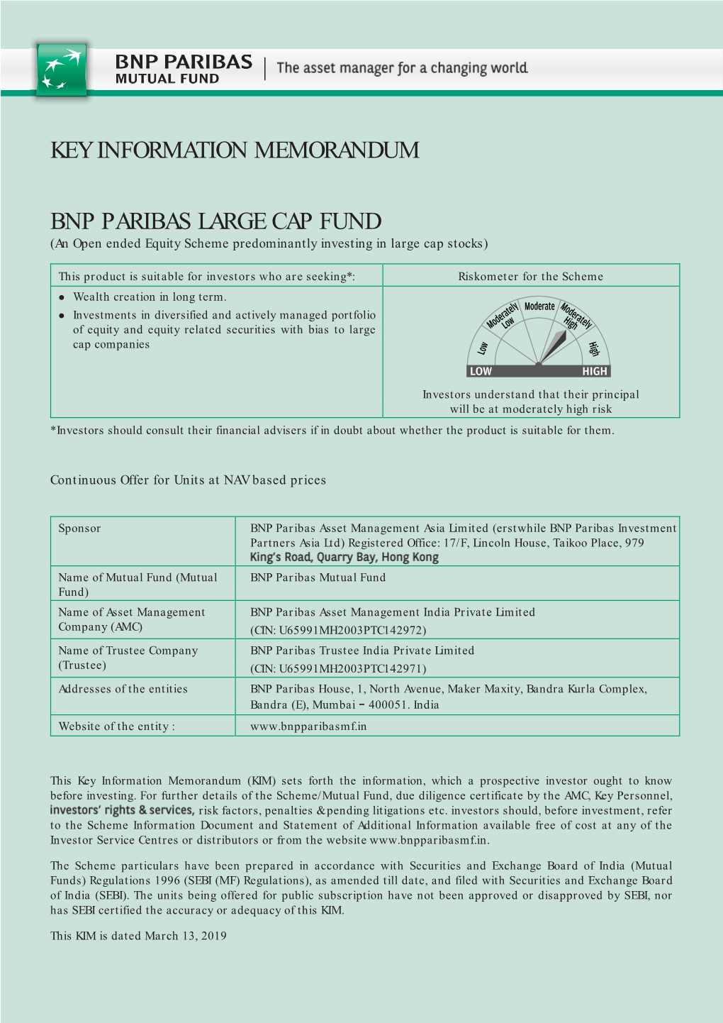 Key Information Memorandum Bnp Paribas Large Cap Fund