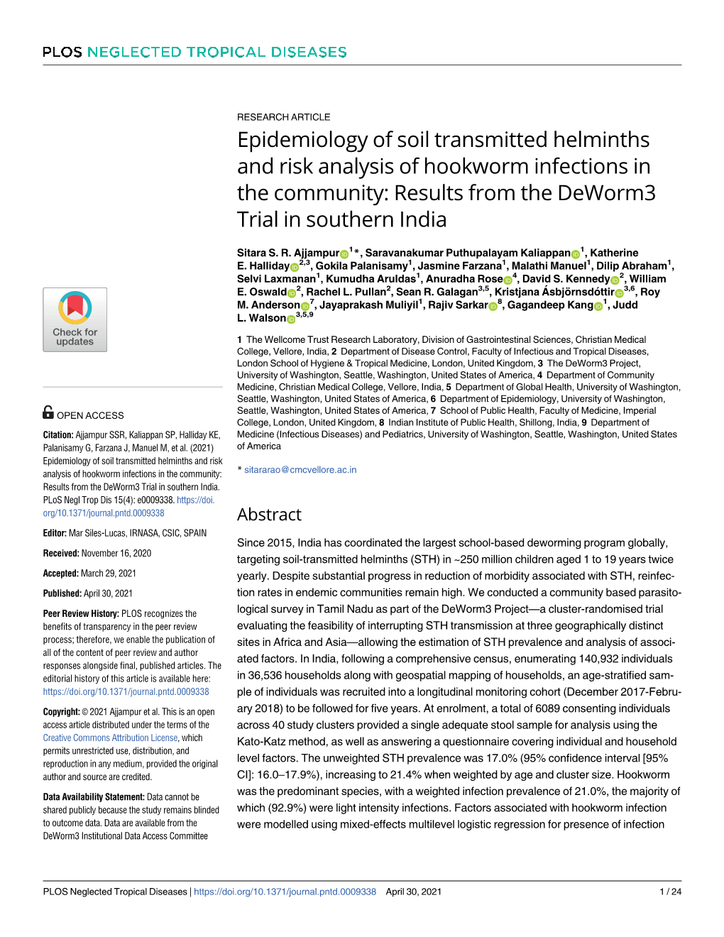 Epidemiology of Soil Transmitted Helminths and Risk Analysis of Hookworm Infections in the Community: Results from the Deworm3 Trial in Southern India