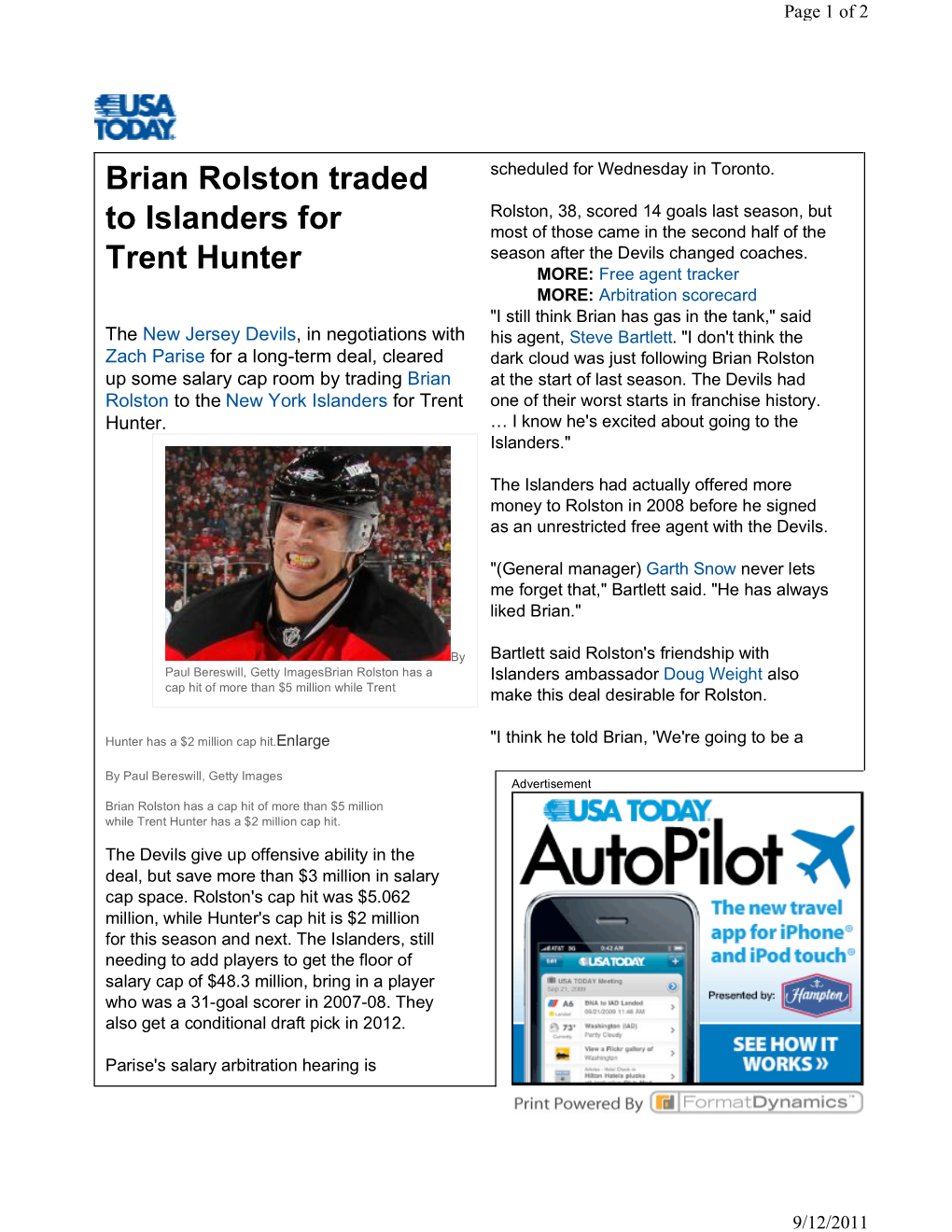 Brian Rolston Traded to Islanders for Trent Hunter