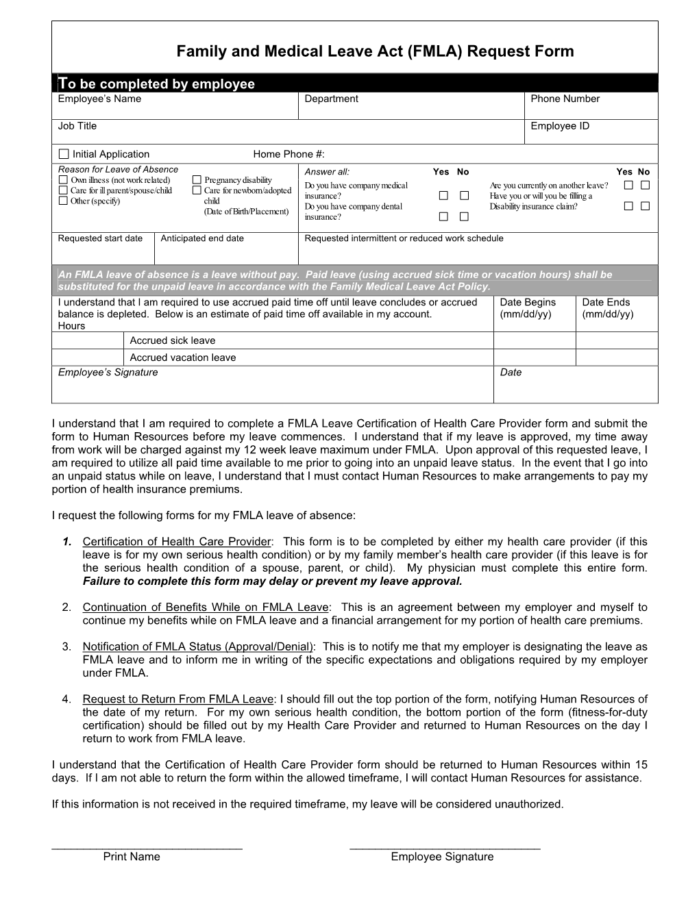 Family and Medical Leave Act (FMLA) Request Form