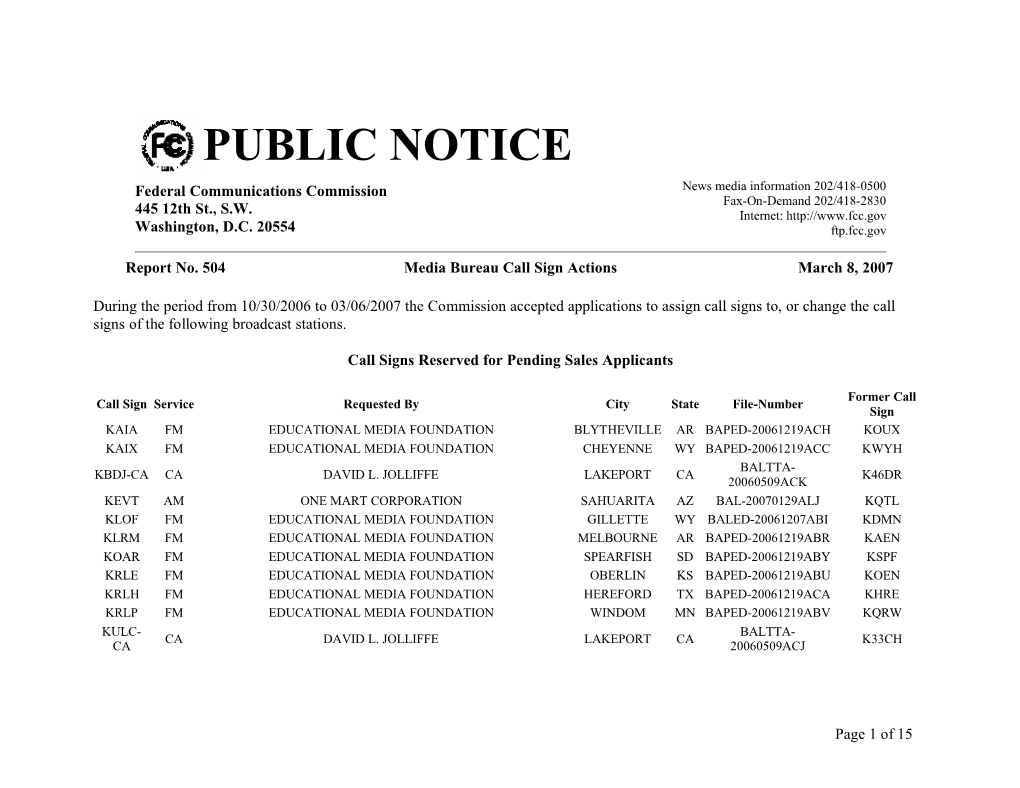 PUBLIC NOTICE Federal Communications Commission News Media Information 202/418-0500 Fax-On-Demand 202/418-2830 445 12Th St., S.W