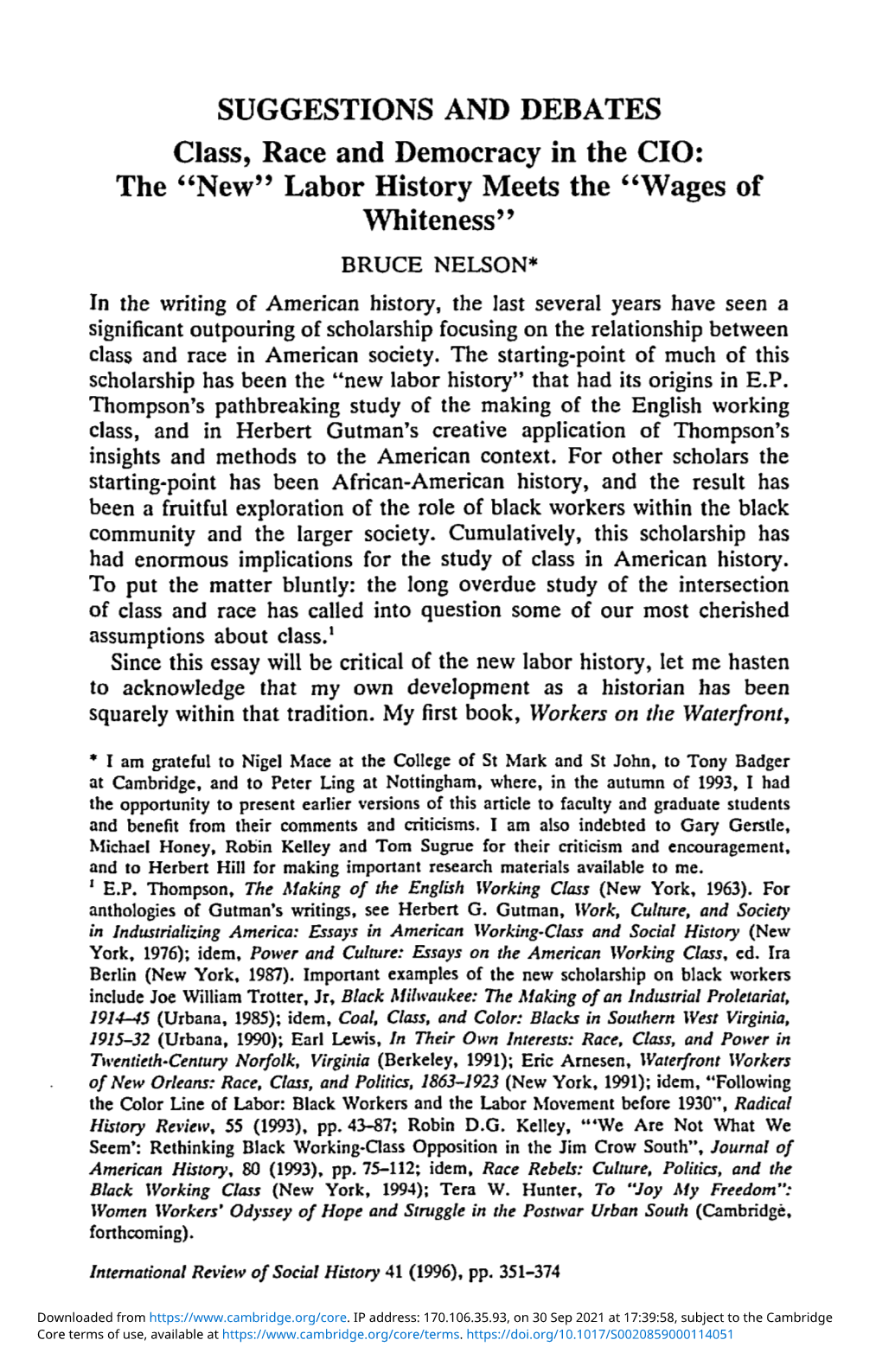 Class, Race and Democracy in the CIO: the “New” Labor History Meets the “Wages of Whiteness”