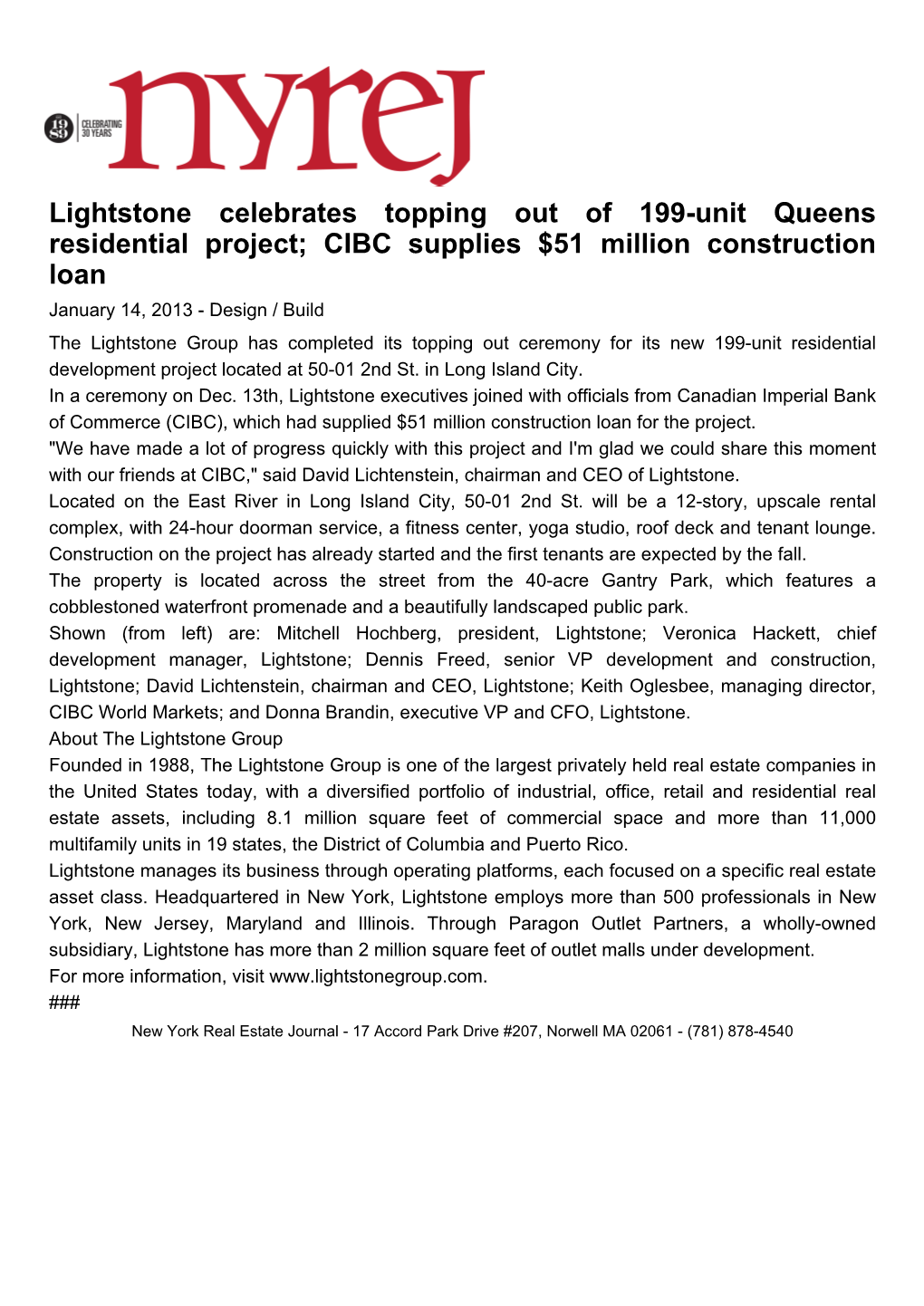 Lightstone Celebrates Topping out of 199-Unit Queens Residential Project; CIBC Supplies $51 Million Construction Loan