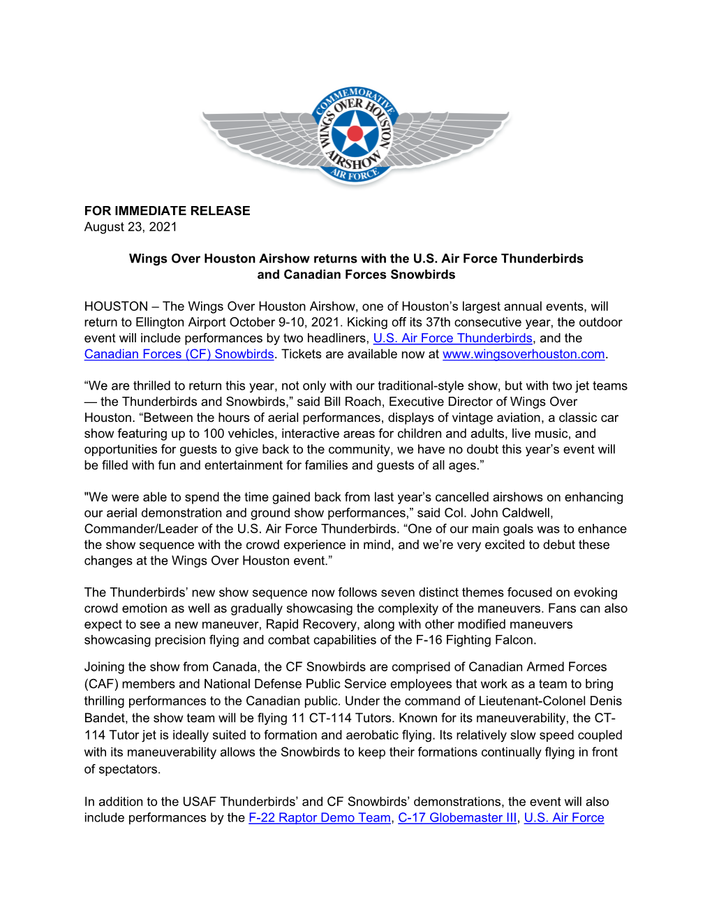 FOR IMMEDIATE RELEASE August 23, 2021 Wings Over Houston