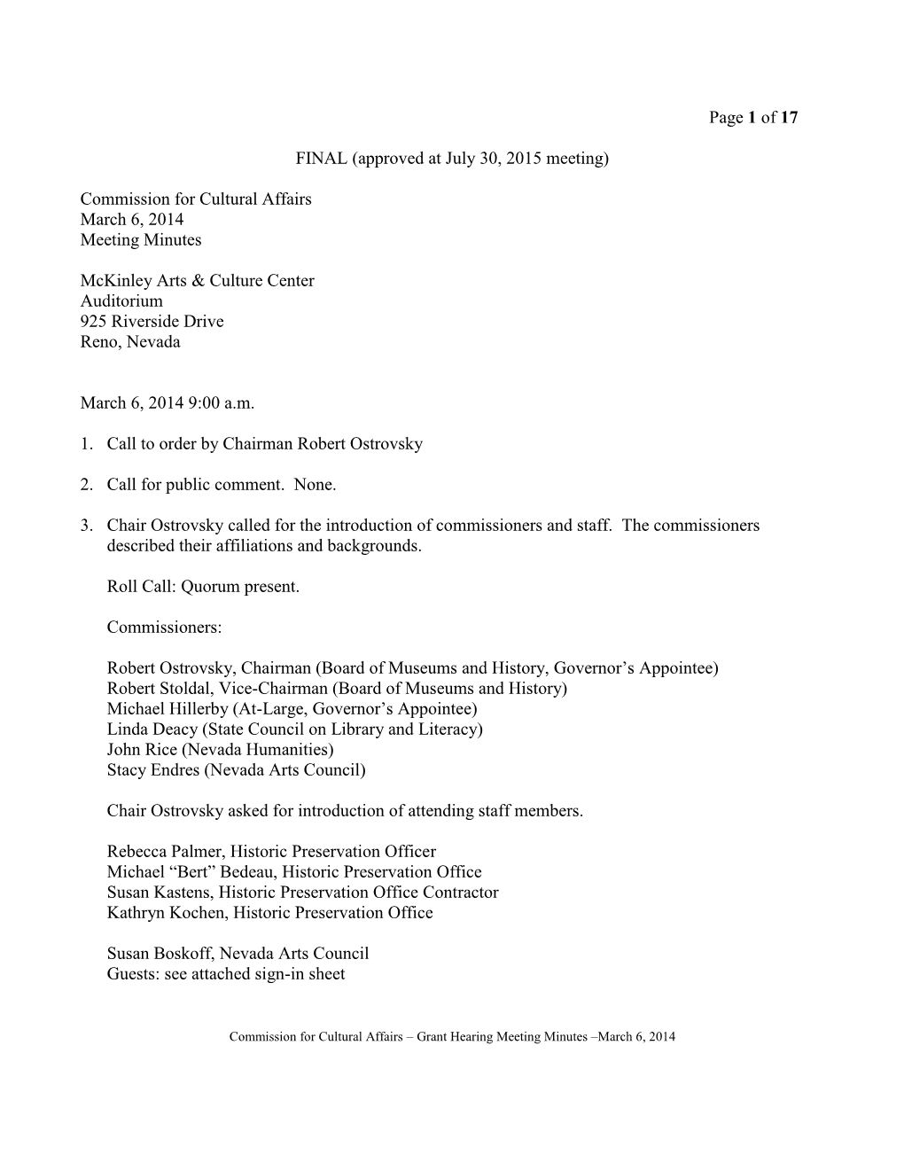Commission for Cultural Affairs March 6, 2014 Meeting Minutes