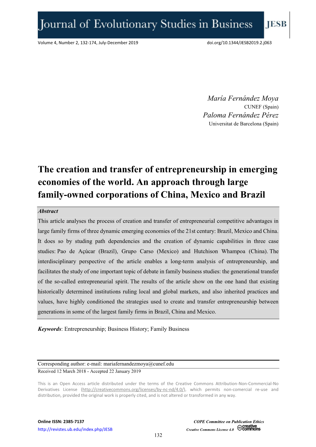 The Creation and Transfer of Entrepreneurship in Emerging Economies of the World