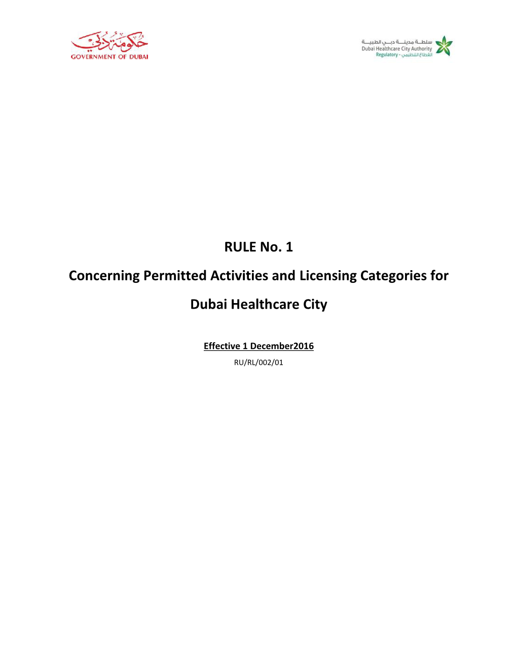 RULE No. 1 Concerning Permitted Activities and Licensing Categories for Dubai Healthcare City