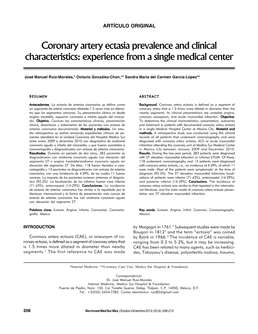 Coronary Artery Ectasia Prevalence and Clinical Characteristics: Experience from a Single Medical Center