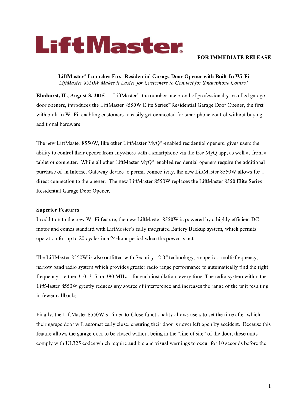 Liftmaster Launches First Residential Garage Door Opener with Built-In Wi-Fi