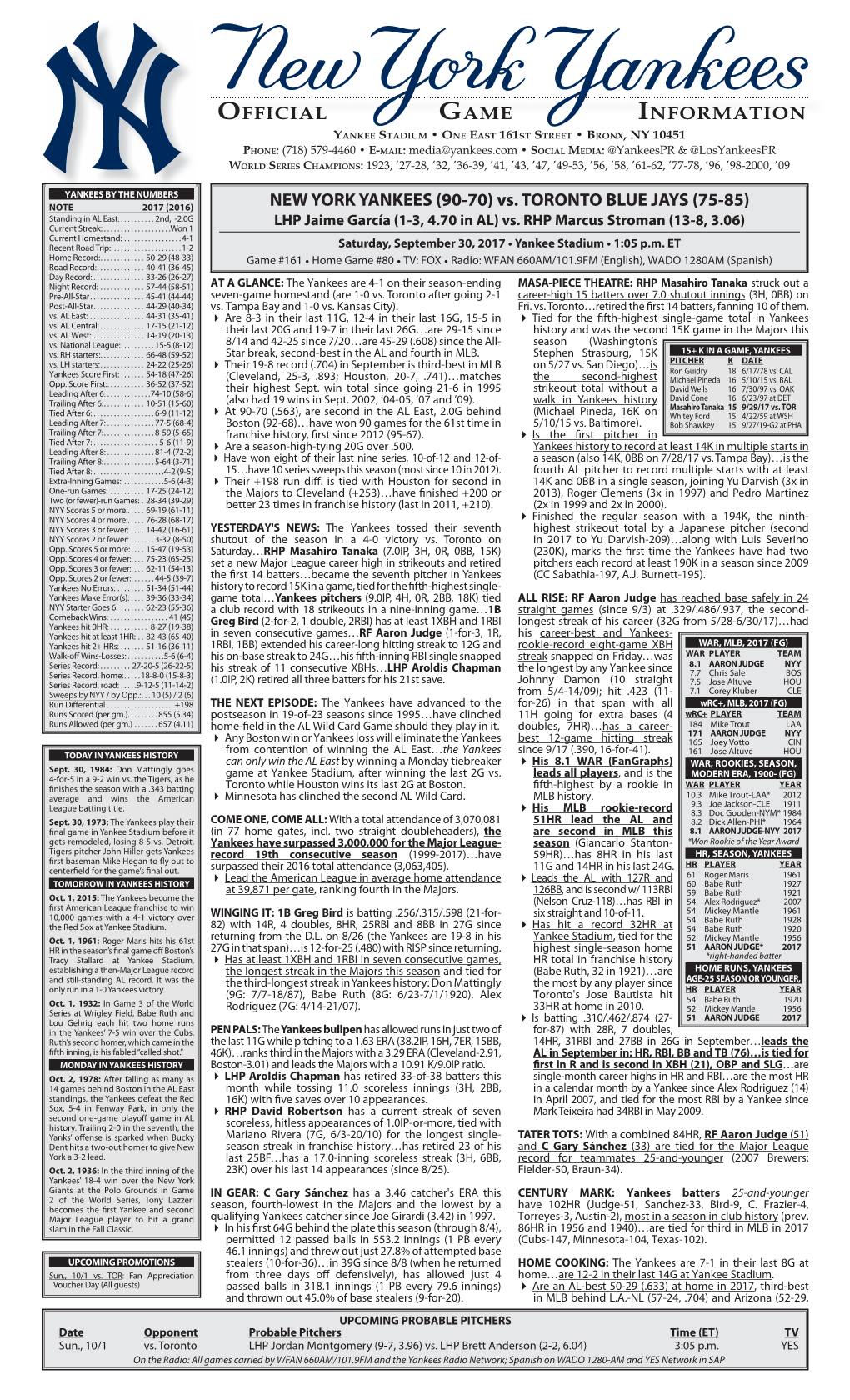 NYY Game Notes