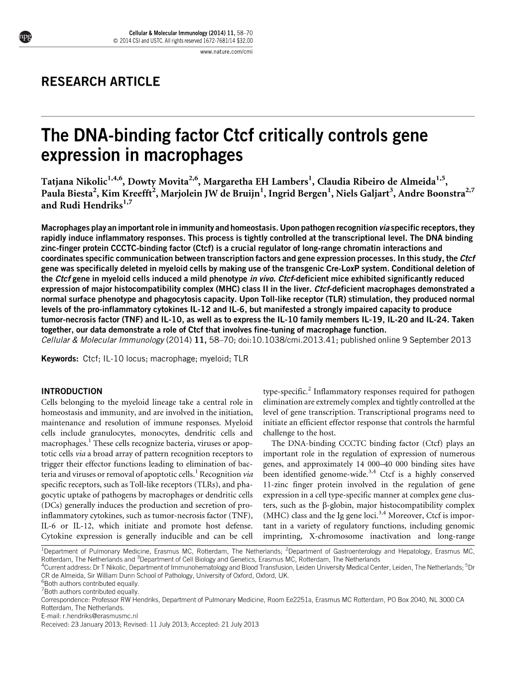 The DNA-Binding Factor Ctcf Critically Controls Gene Expression in Macrophages