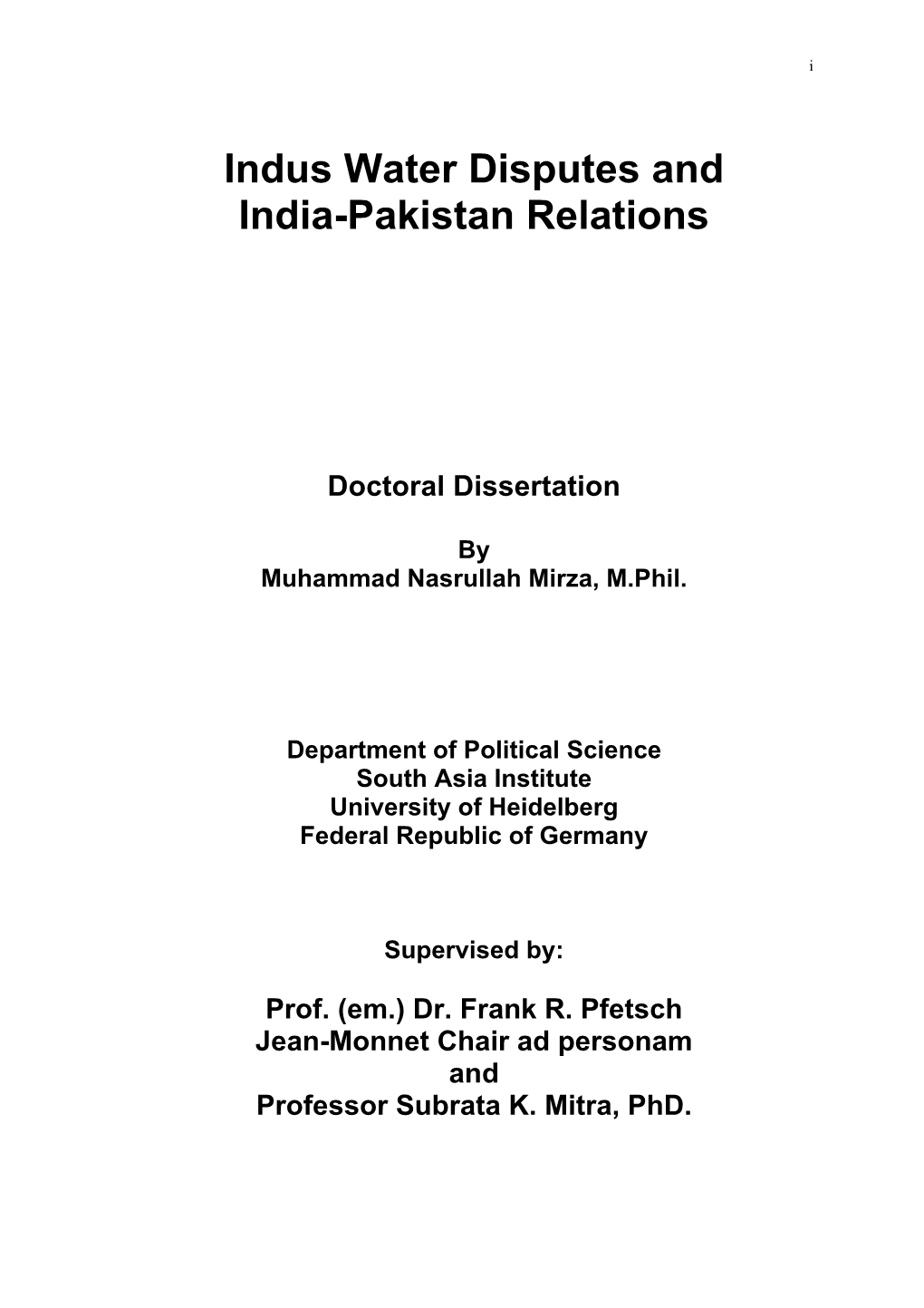 Indus Water Disputes and India-Pakistan Relations