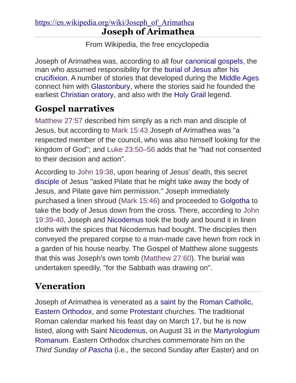 Joseph of Arimathea Gospel Narratives Veneration