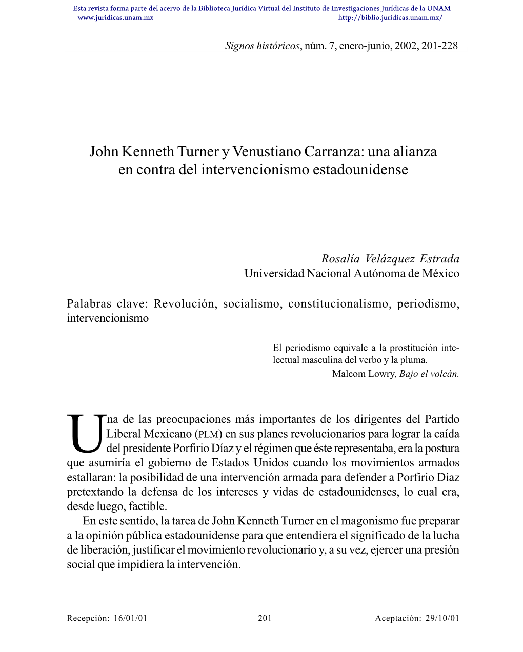 John Kenneth Turner Y Venustiano Carranza: Una Alianza En Contra Del Intervencionismo Estadounidense