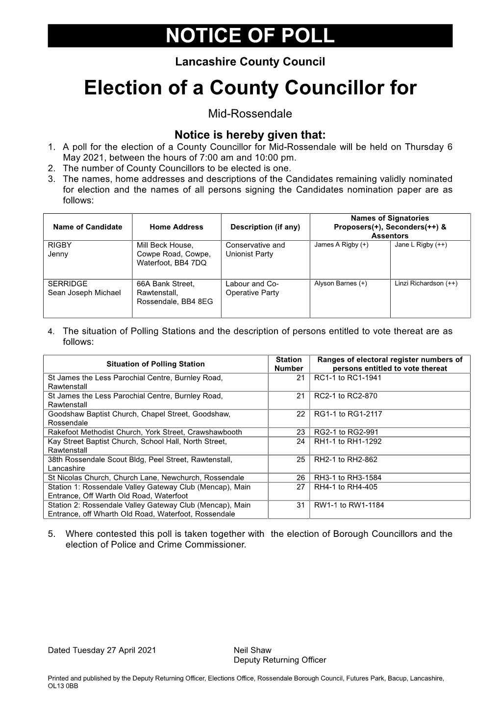 NOTICE of POLL Election of a County Councillor