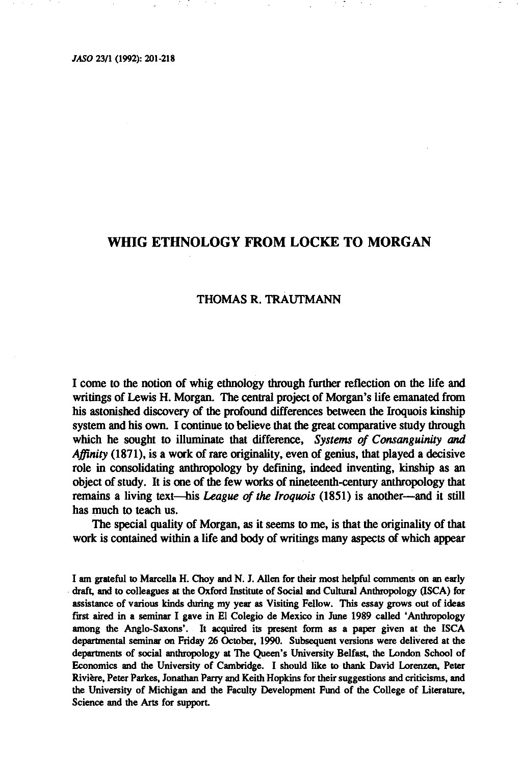 Whig Ethnology from Locke to Morgan