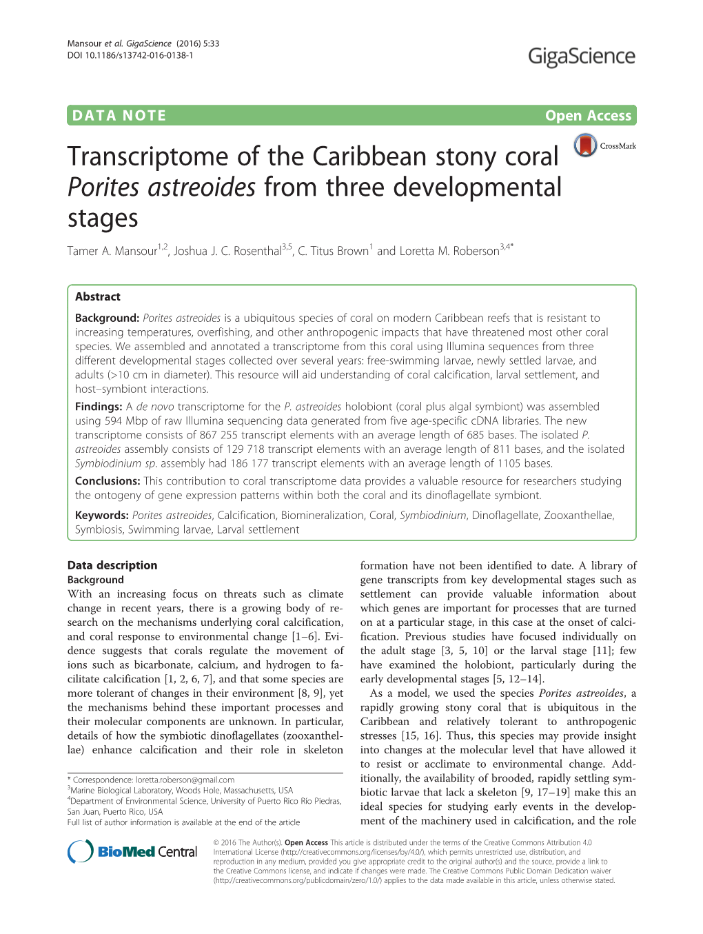 Porites Astreoides from Three Developmental Stages Tamer A