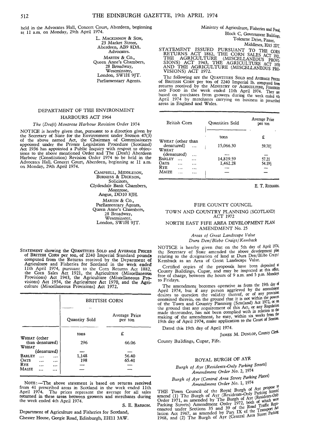 512 the EDINBURGH GAZETTE, 19Th APRIL 1974 Held in the Advocates Hall, Concert Court3 Aberdeen, Beginning Ministry of Agriculture, Fisheries and Food, at 11 A.M