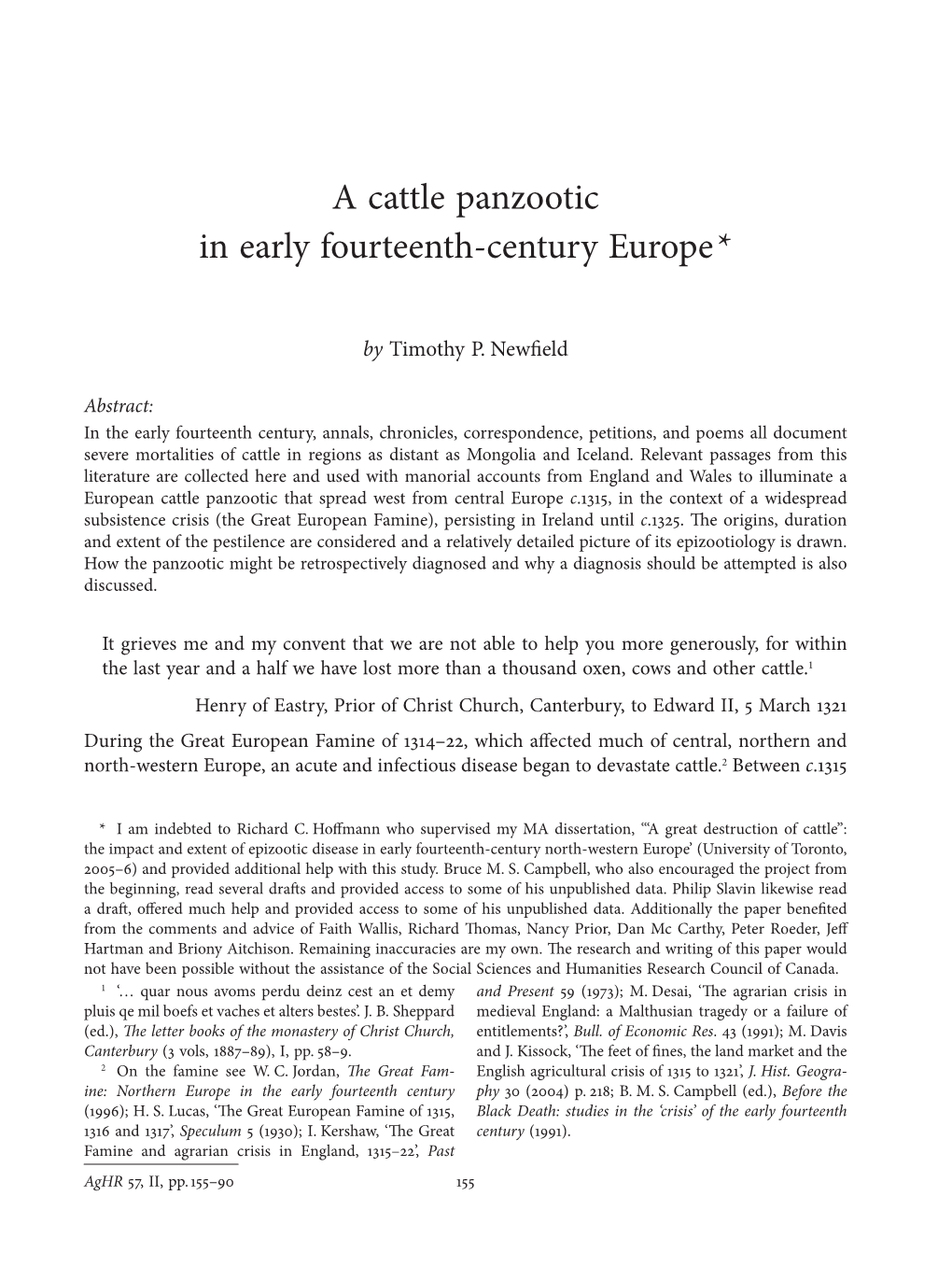 A Cattle Panzootic in Early Fourteenth-Century Europe*