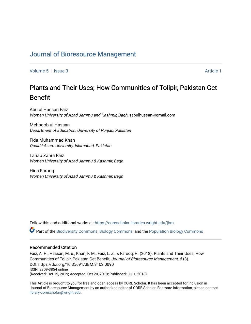 Plants and Their Uses; How Communities of Tolipir, Pakistan Get Benefit