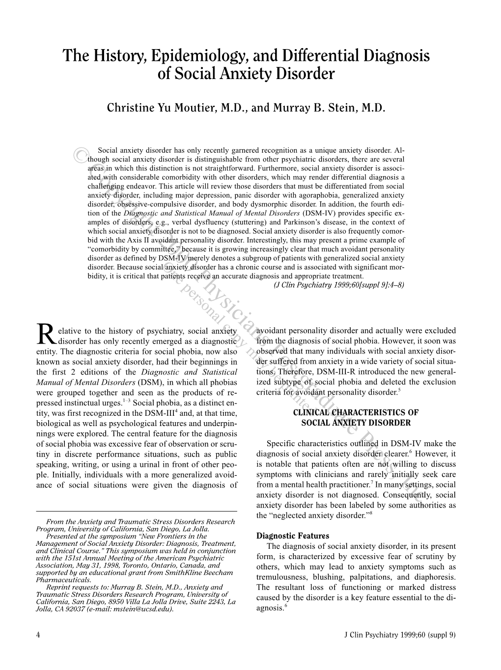 The History, Epidemiology, and Differential Diagnosis of Social Anxiety Disorder