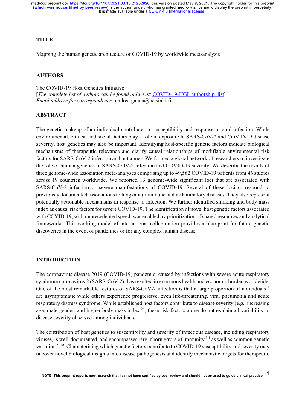 Mapping the Human Genetic Architecture of COVID-19 by Worldwide Meta-Analysis