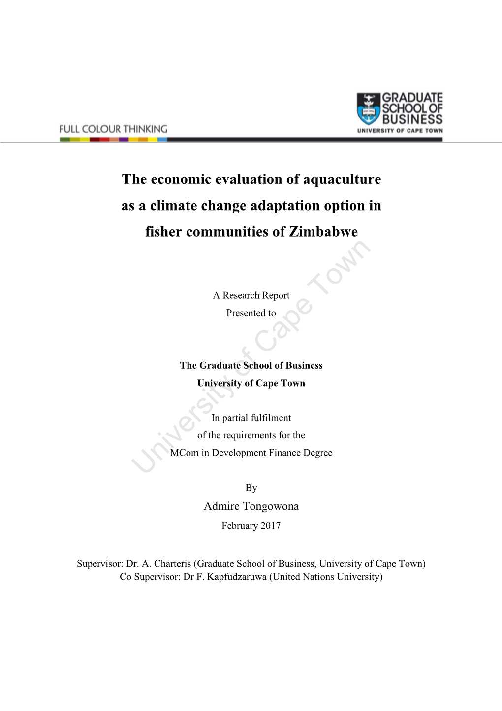 The Economic Evaluation of Aquaculture As a Climate Change Adaptation Option in Fisher Communities of Zimbabwe