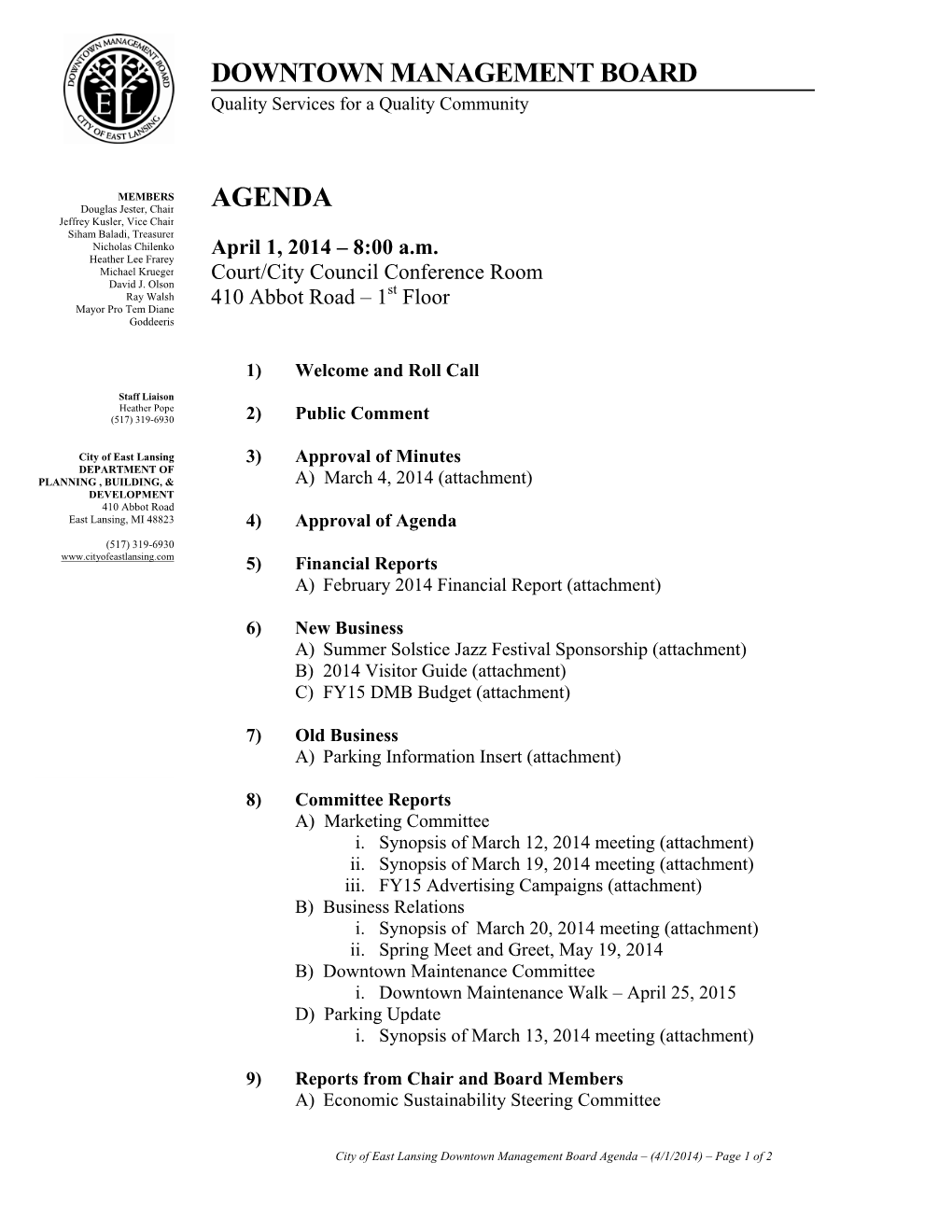 Downtown Management Board Agenda – (4/1/2014) – Page 1 of 2