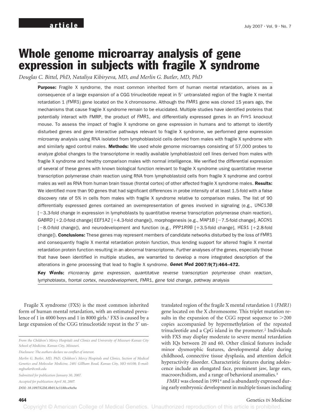 Whole Genome Microarray Analysis of Gene Expression in Subjects with Fragile X Syndrome Douglas C