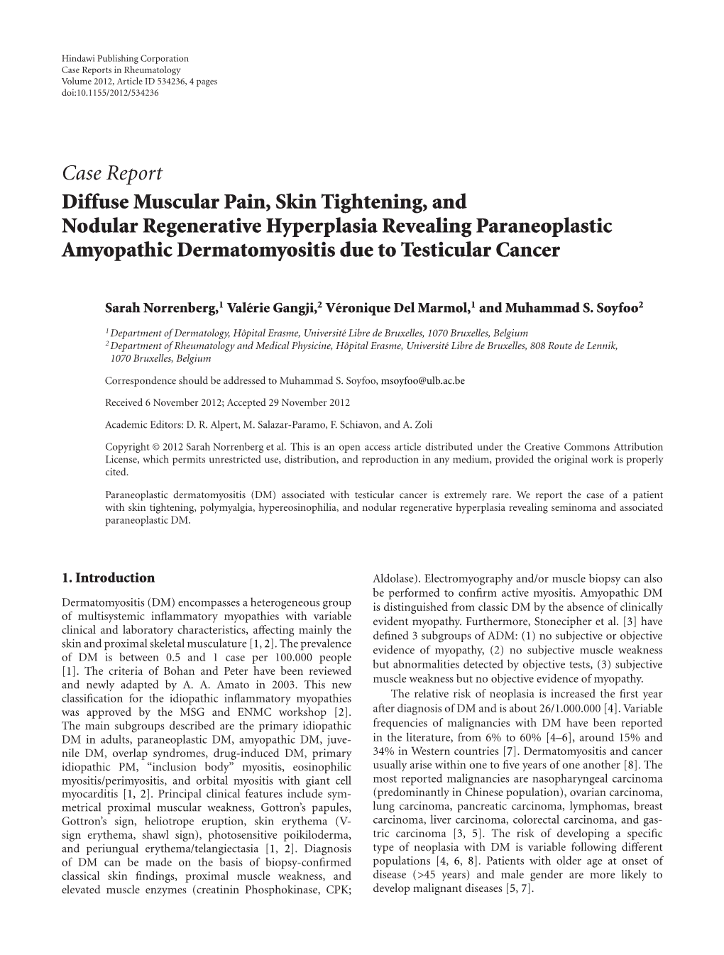 Diffuse Muscular Pain, Skin Tightening, and Nodular Regenerative Hyperplasia Revealing Paraneoplastic Amyopathic Dermatomyositis Due to Testicular Cancer