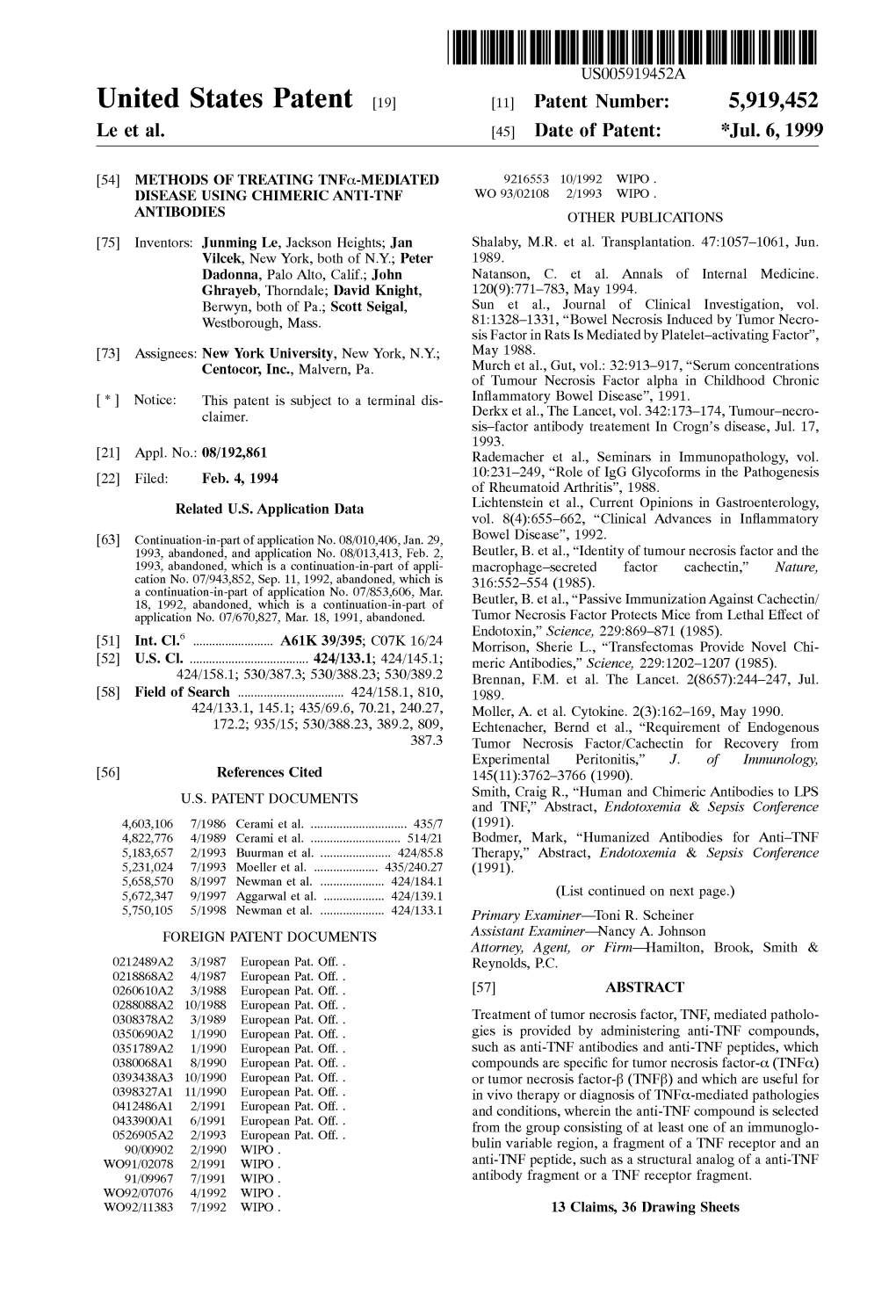 United States Patent (19) 11 Patent Number: 5,919,452 Le Et Al
