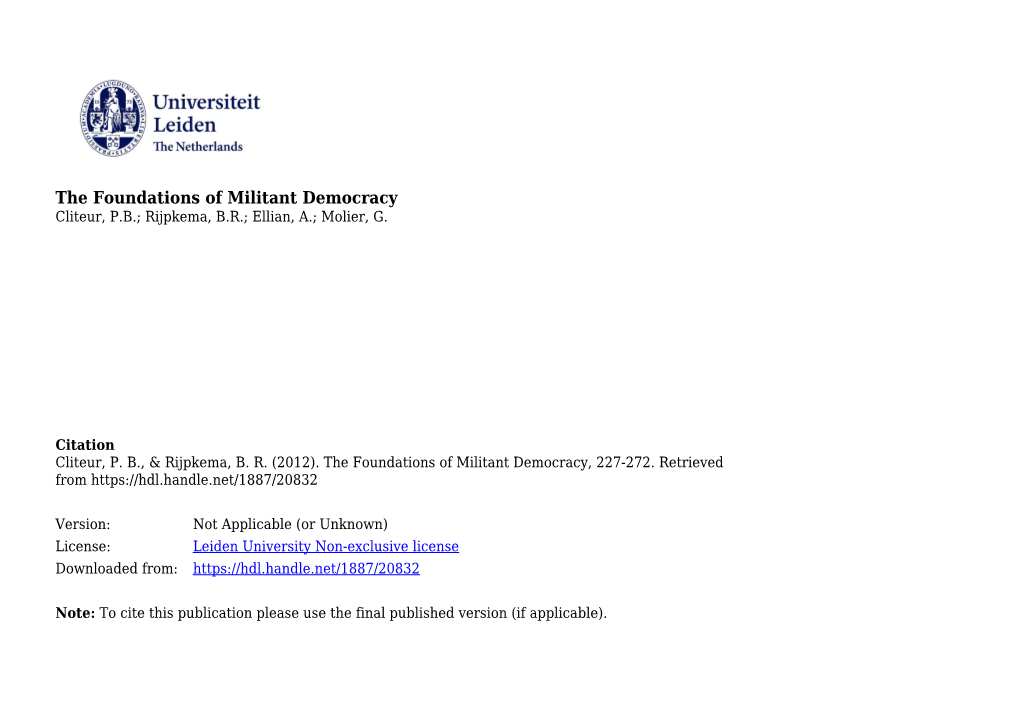 The Foundations of Militant Democracy Cliteur, P.B.; Rijpkema, B.R.; Ellian, A.; Molier, G