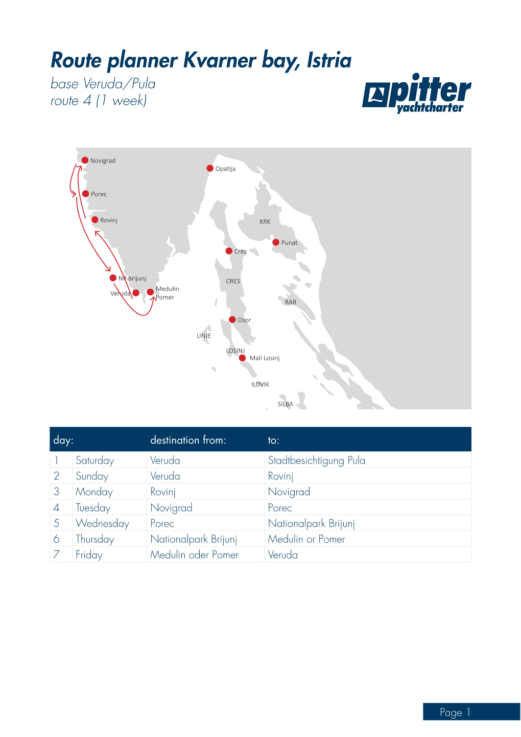 Route Planner Kvarner Bay, Istria Base Veruda/Pula Route 4 (1 Week)