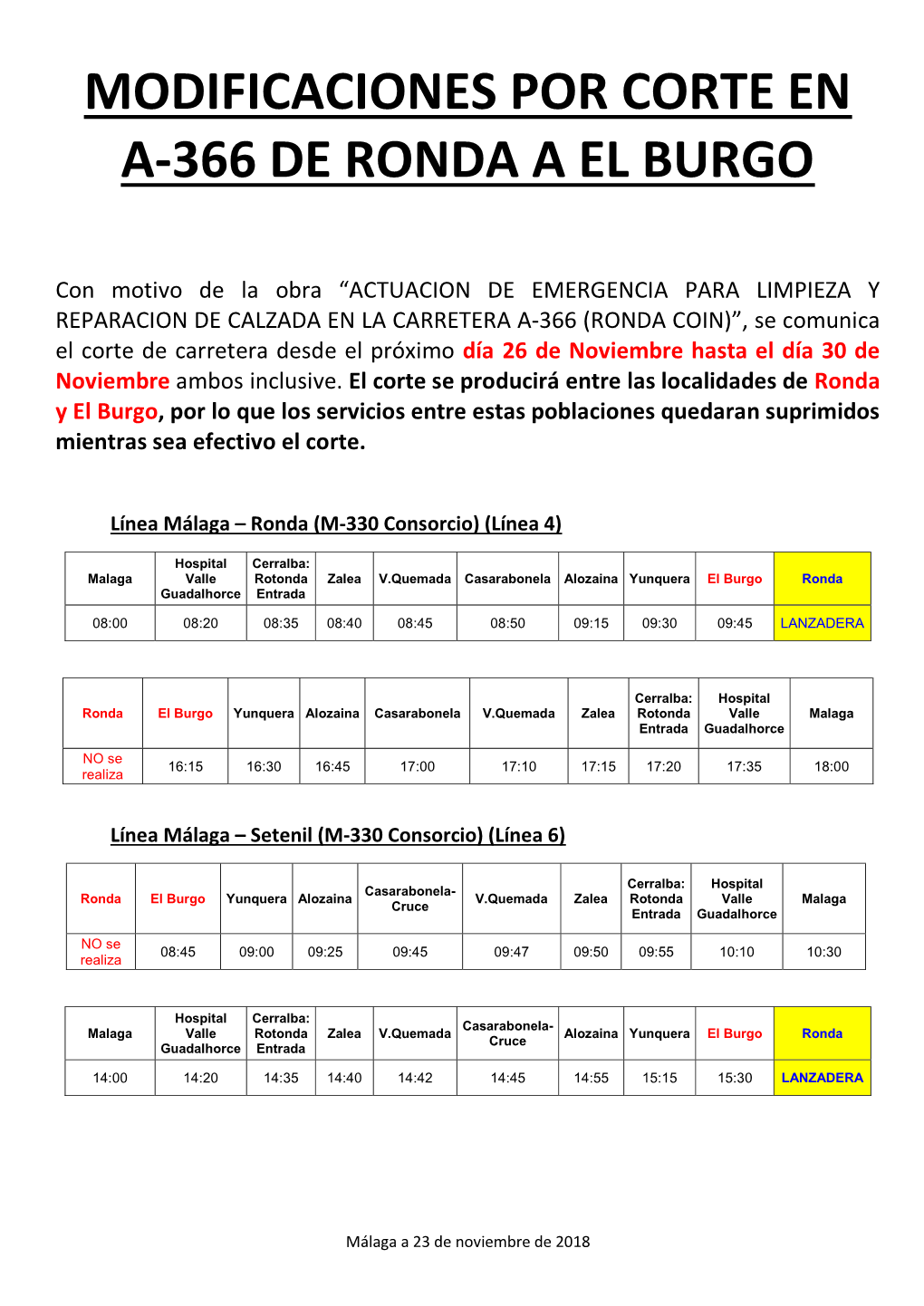 Modificaciones Por Corte En A-366 De Ronda a El Burgo